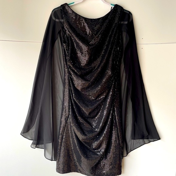 R&M Richards Black Sequin Glitter Formal Evening Prom Dress Lace Overlay, Sz 6 - Picture 6 of 9